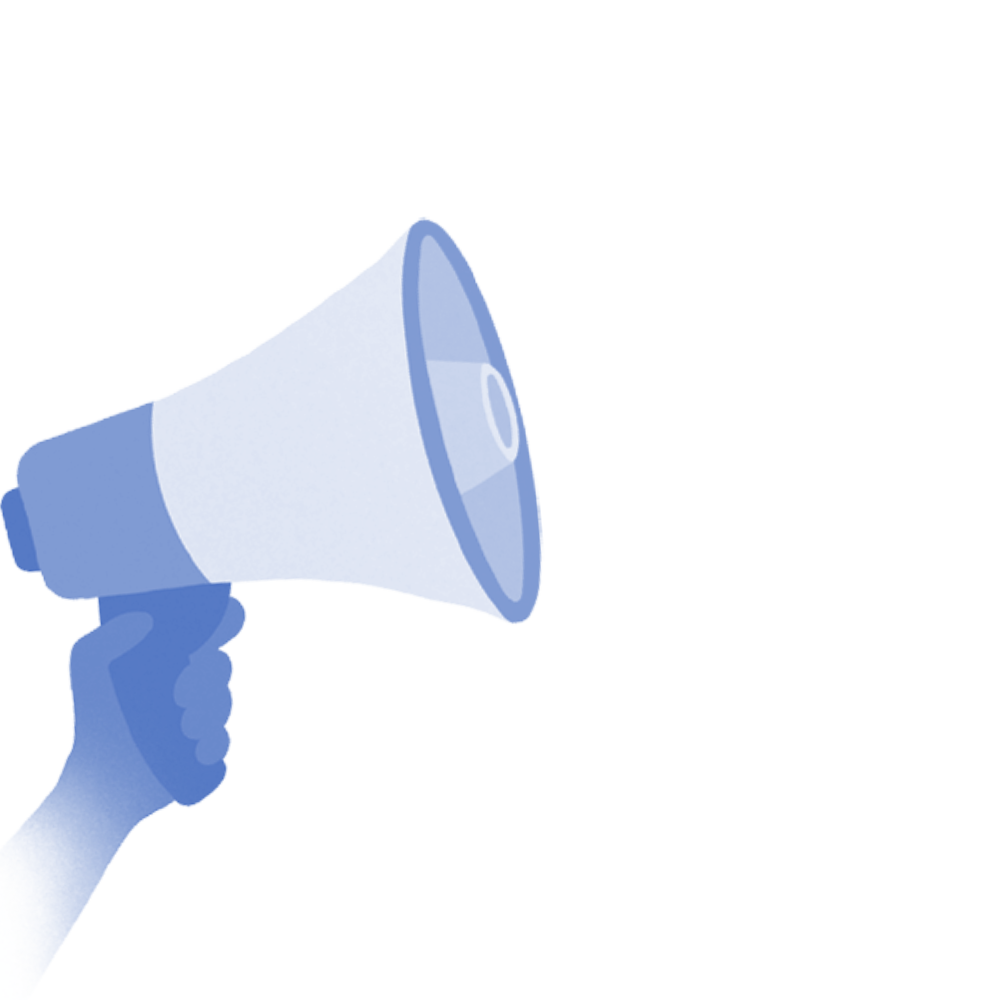 Decorative image. Yellow hand holding a yellow megaphone.